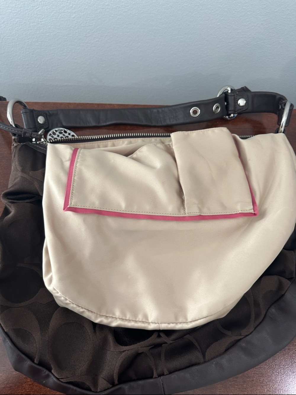 Coach Brown Signature Canvas Hobo with Silver Charm Accent - Picture 7 of 8